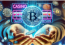 A digital casino with Bitcoin and cryptocurrency symbols, representing the advantages of crypto online casinos.