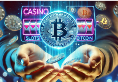 A digital casino with Bitcoin and cryptocurrency symbols, representing the advantages of crypto online casinos.