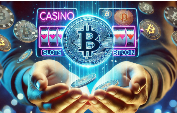 A digital casino with Bitcoin and cryptocurrency symbols, representing the advantages of crypto online casinos.