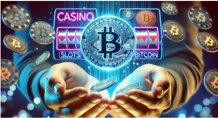 A digital casino with Bitcoin and cryptocurrency symbols, representing the advantages of crypto online casinos.