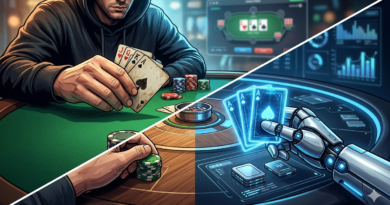 A split-screen illustration comparing a human poker player's hands with a robotic AI hand at a digital poker table.