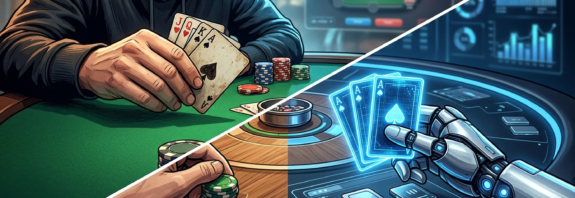 A split-screen illustration comparing a human poker player's hands with a robotic AI hand at a digital poker table.