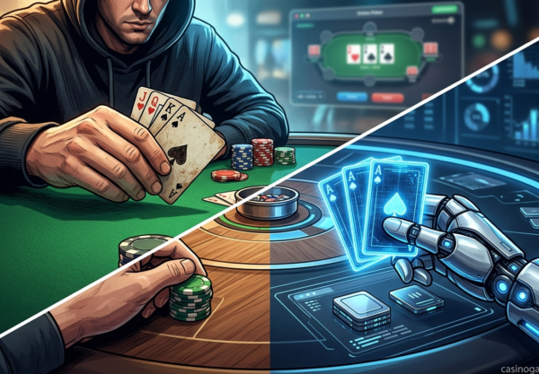 A split-screen illustration comparing a human poker player's hands with a robotic AI hand at a digital poker table.