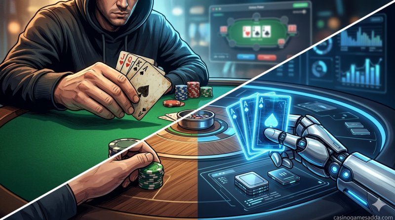 A split-screen illustration comparing a human poker player's hands with a robotic AI hand at a digital poker table.